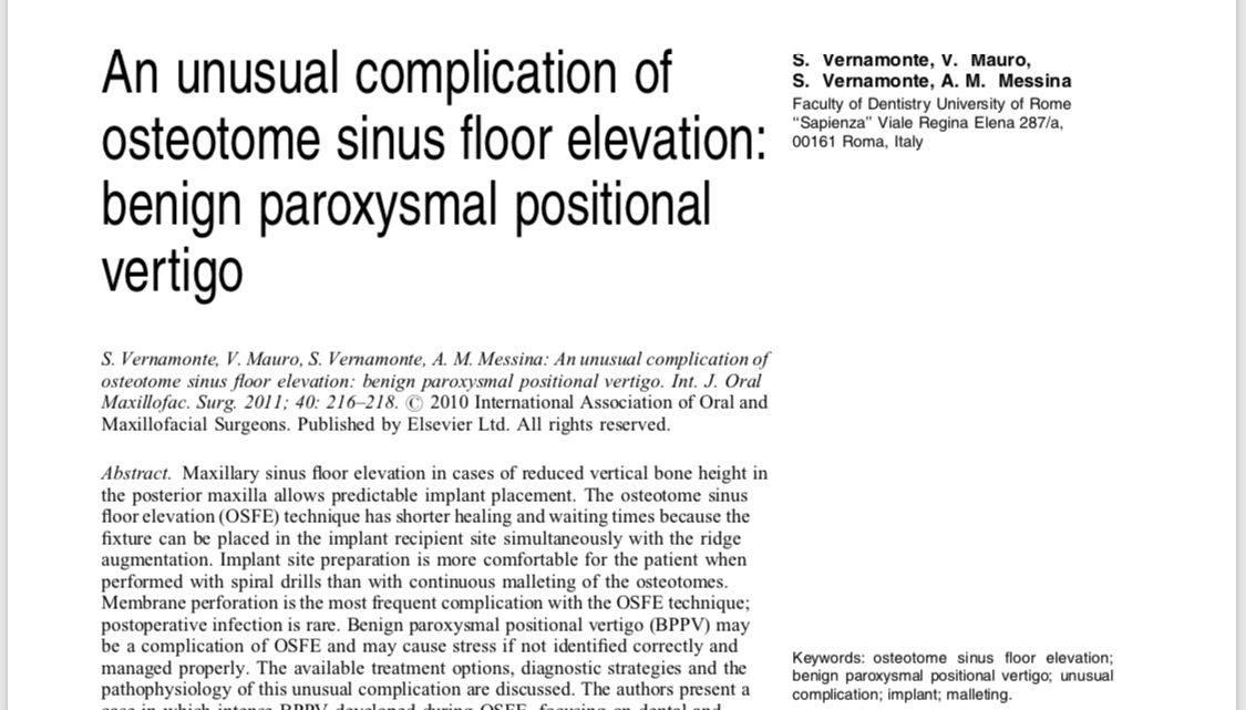 Benign paroxysmal positional vertigo after Piezosurgical removal of osseointegrated implants