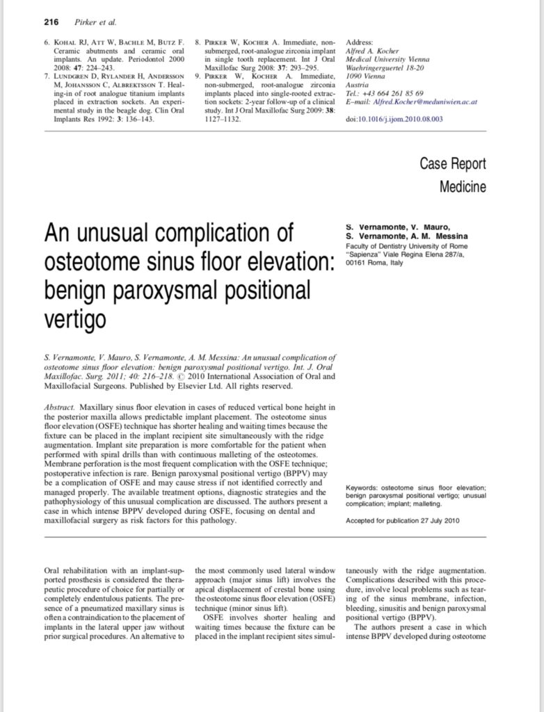 Benign paroxysmal positional vertigo after Piezosurgical removal of osseointegrated implants